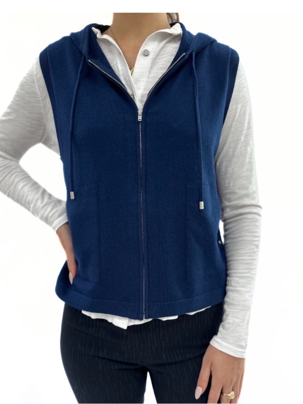 ELLIOTT LAUREN Black Hooded Zip Front Sweater Vest, Sz M